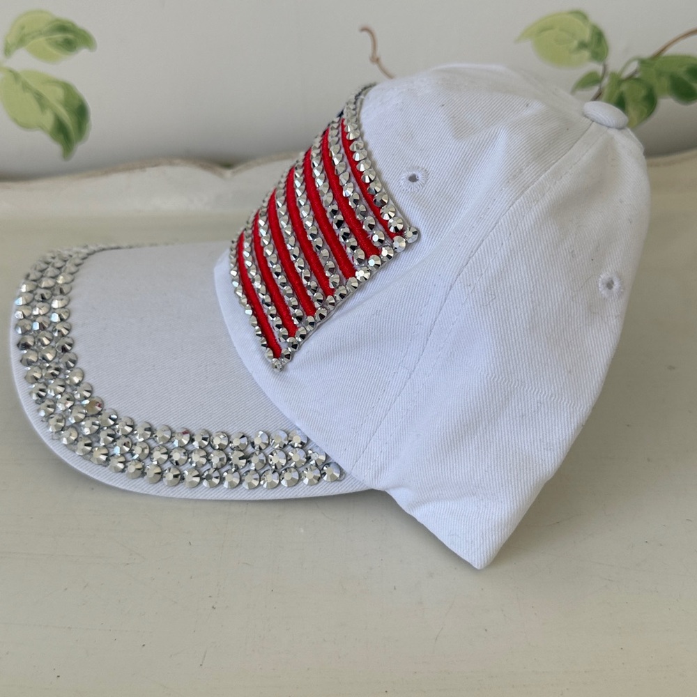American Flag Studded Bling White Adjustable Baseball Hat - One Size - Picture 3 of 10